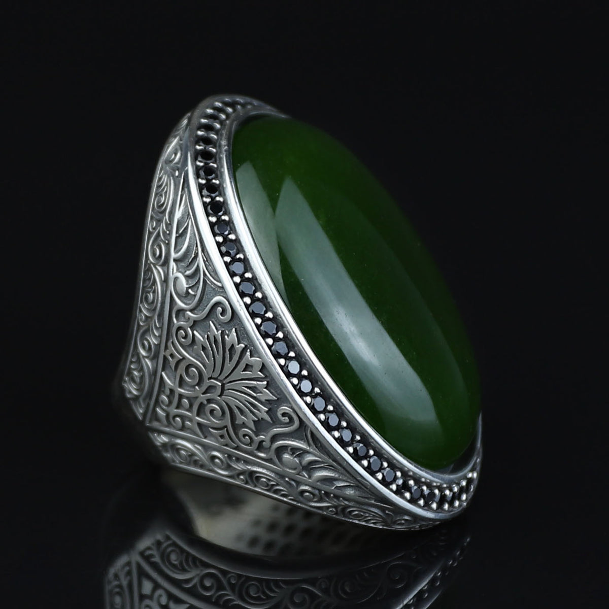 Men Silver Jade Stone Ring, Ottoman Style Engraved Large Ring, Big Silver Jade Stone Ring