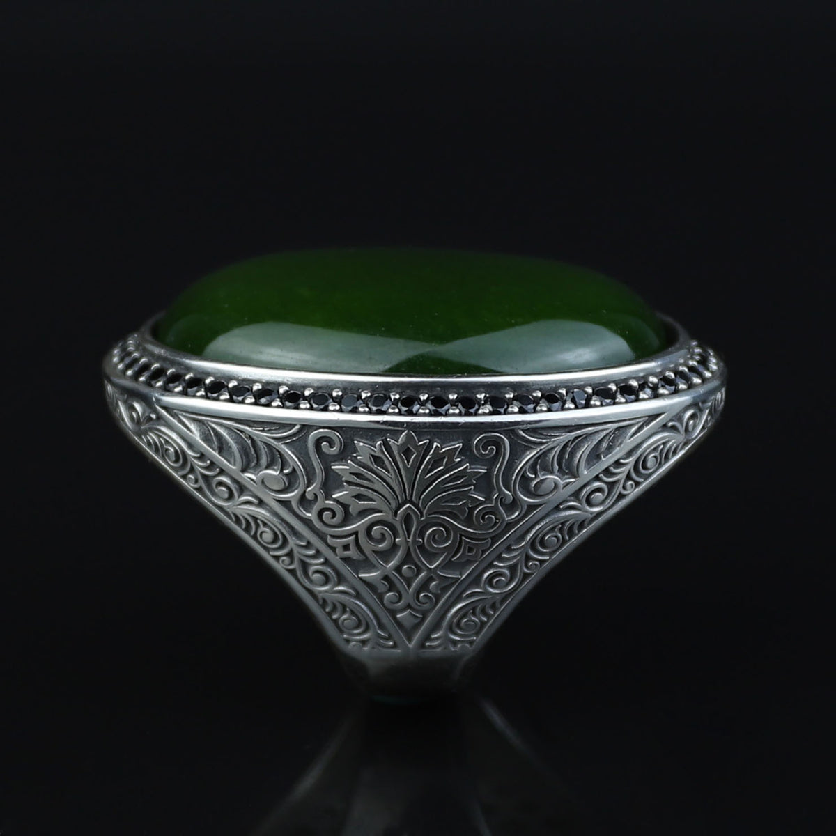 Men Silver Jade Stone Ring, Ottoman Style Engraved Large Ring, Big Silver Jade Stone Ring