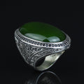 Men Silver Jade Stone Ring, Ottoman Style Engraved Large Ring, Big Silver Jade Stone Ring
