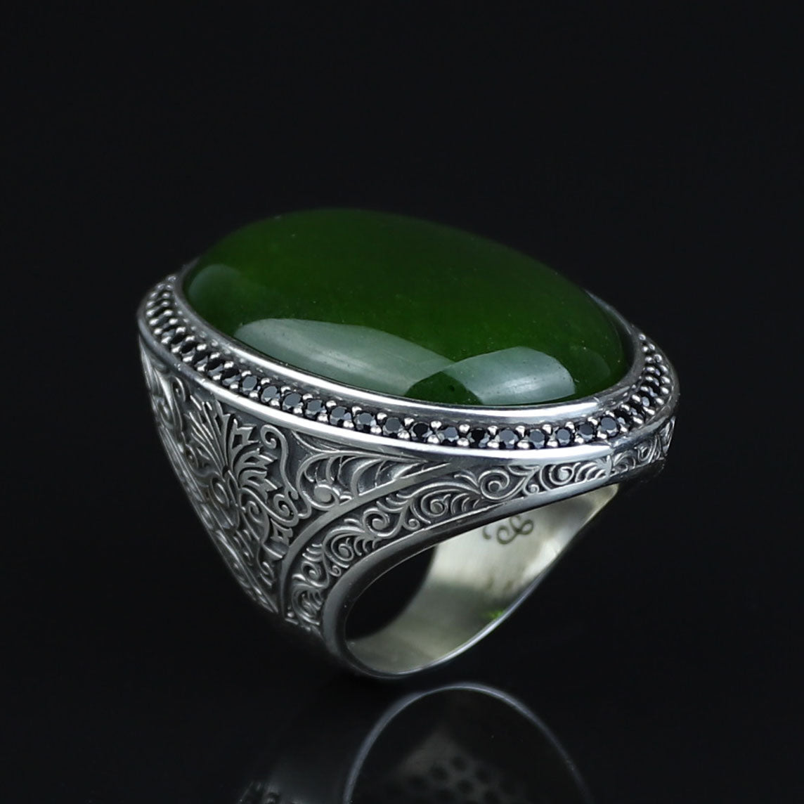Men Silver Jade Stone Ring, Ottoman Style Engraved Large Ring, Big Silver Jade Stone Ring