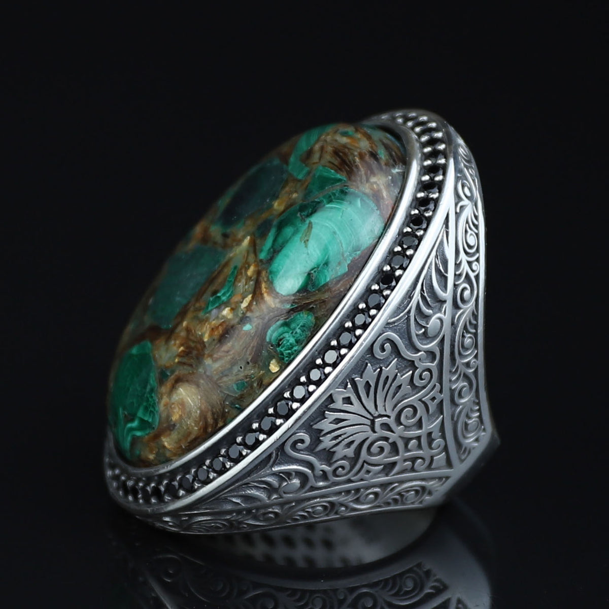 Men Silver Natural Malachite Ring, Engraved Men Large Ring, Big Green Stone Ring, Father Day Gift, 925k Sterling Silver Ring