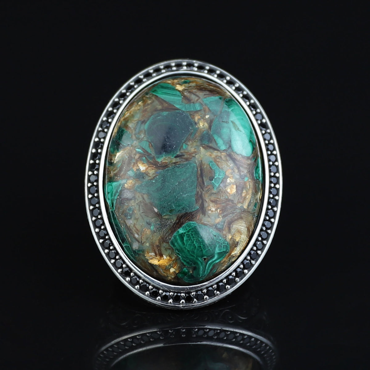Men Silver Natural Malachite Ring, Engraved Men Large Ring, Big Green Stone Ring, Father Day Gift, 925k Sterling Silver Ring