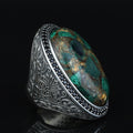 Men Silver Natural Malachite Ring, Engraved Men Large Ring, Big Green Stone Ring, Father Day Gift, 925k Sterling Silver Ring