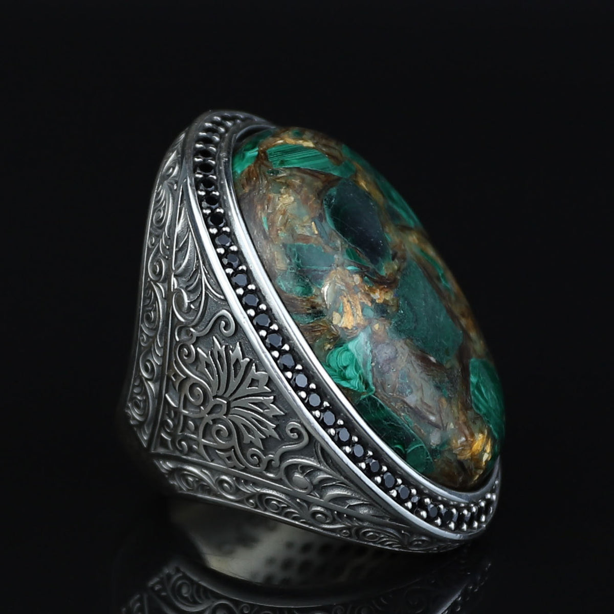Men Silver Natural Malachite Ring, Engraved Men Large Ring, Big Green Stone Ring, Father Day Gift, 925k Sterling Silver Ring