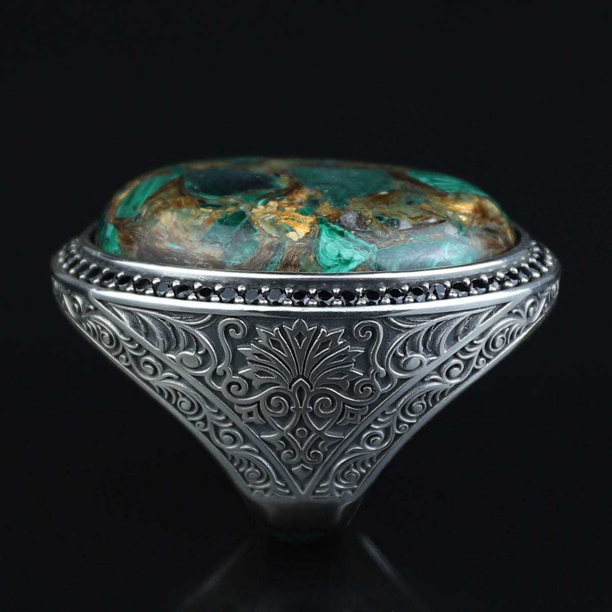 Men Silver Natural Malachite Ring, Engraved Men Large Ring, Big Green Stone Ring, Father Day Gift, 925k Sterling Silver Ring