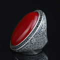 Man Red Jade Stone Ring, Engraved Jade Stone Ring, Men Ottoman Embroidered Ring, Turkish Handmade Sterling Silver Ring