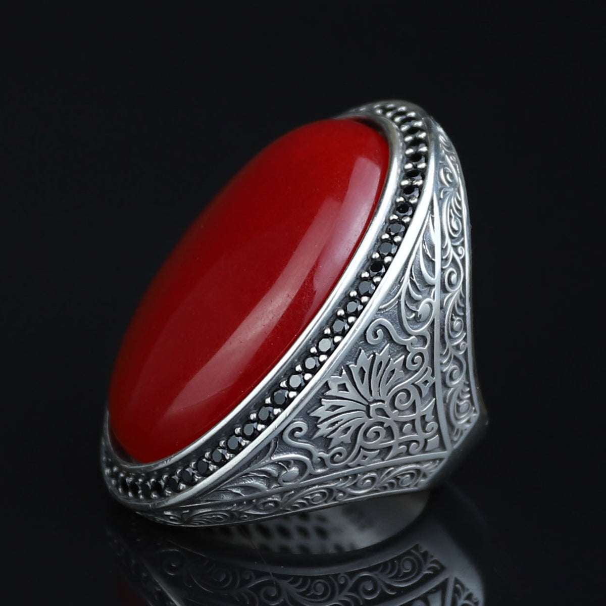 Man Red Jade Stone Ring, Engraved Jade Stone Ring, Men Ottoman Embroidered Ring, Turkish Handmade Sterling Silver Ring