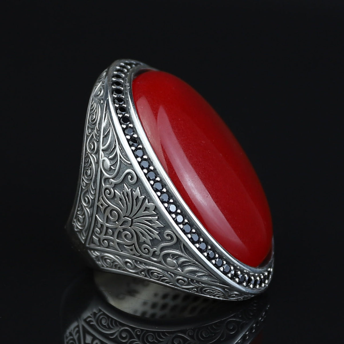 Man Red Jade Stone Ring, Engraved Jade Stone Ring, Men Ottoman Embroidered Ring, Turkish Handmade Sterling Silver Ring