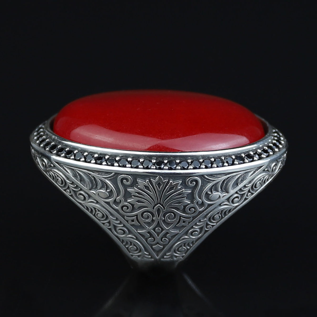 Man Red Jade Stone Ring, Engraved Jade Stone Ring, Men Ottoman Embroidered Ring, Turkish Handmade Sterling Silver Ring