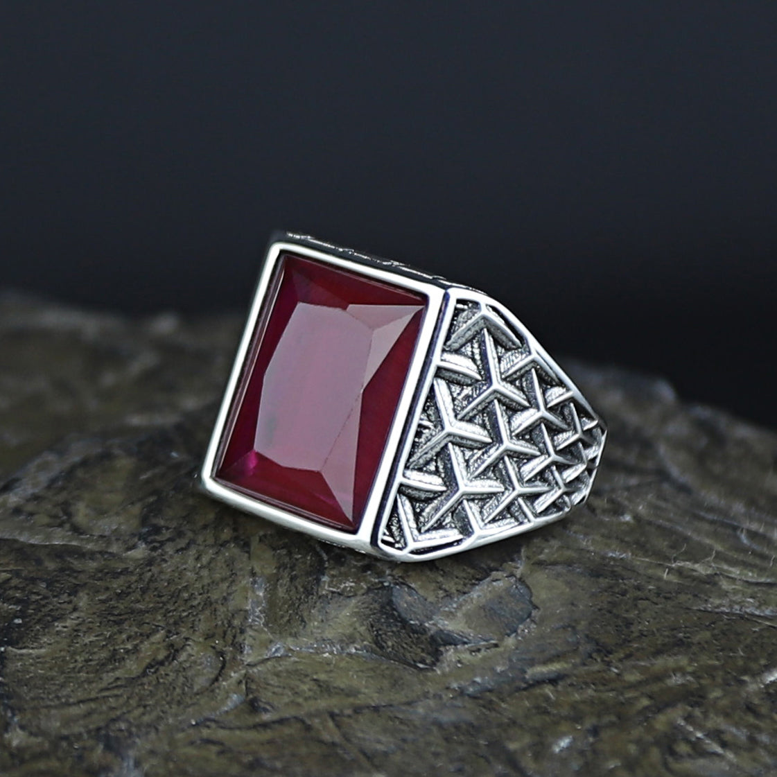 925 Sterling Silver Square Natural Ruby Gemstone Turkish Handmade Ring