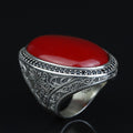 Man Red Jade Stone Ring, Engraved Jade Stone Ring, Men Ottoman Embroidered Ring, Turkish Handmade Sterling Silver Ring
