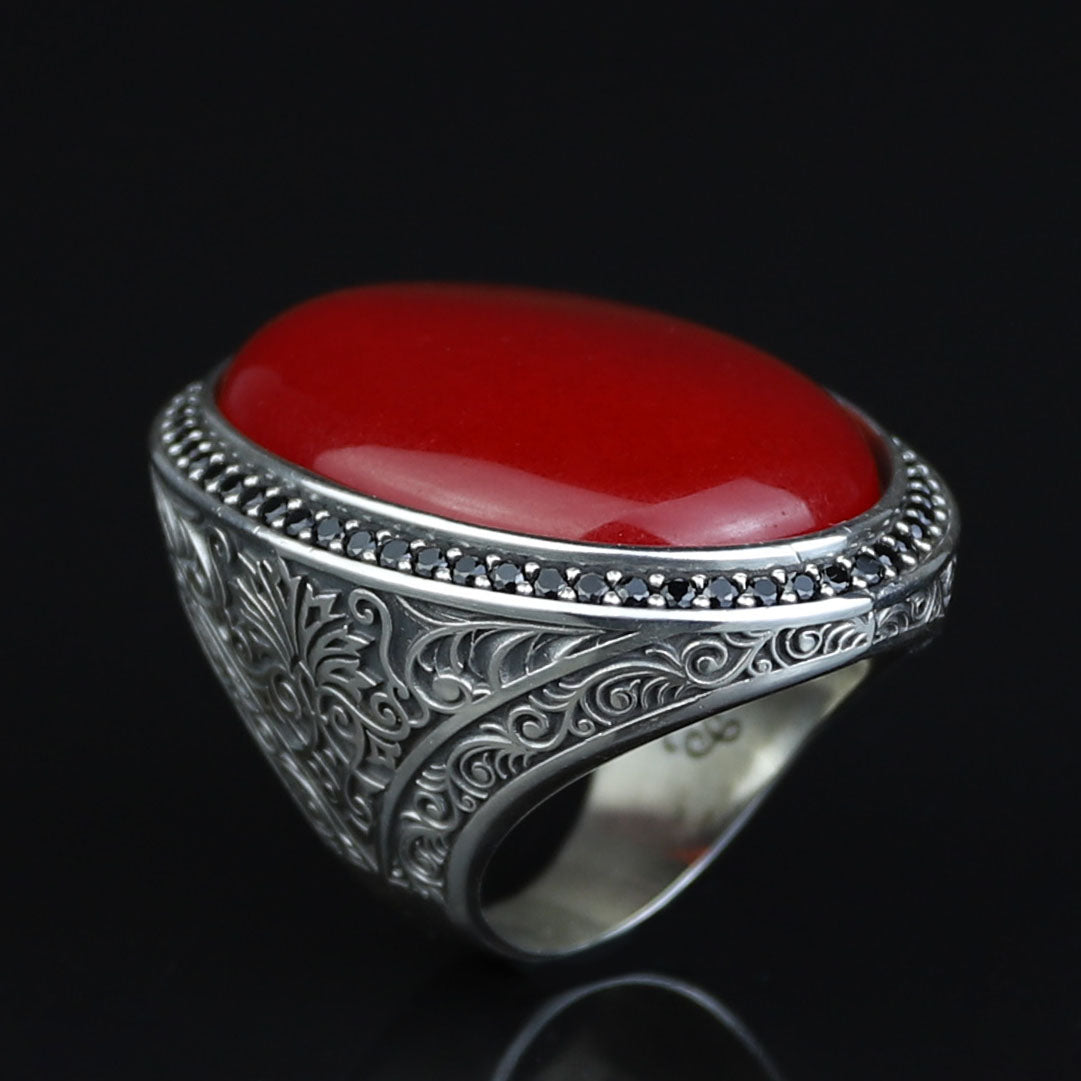 Man Red Jade Stone Ring, Engraved Jade Stone Ring, Men Ottoman Embroidered Ring, Turkish Handmade Sterling Silver Ring