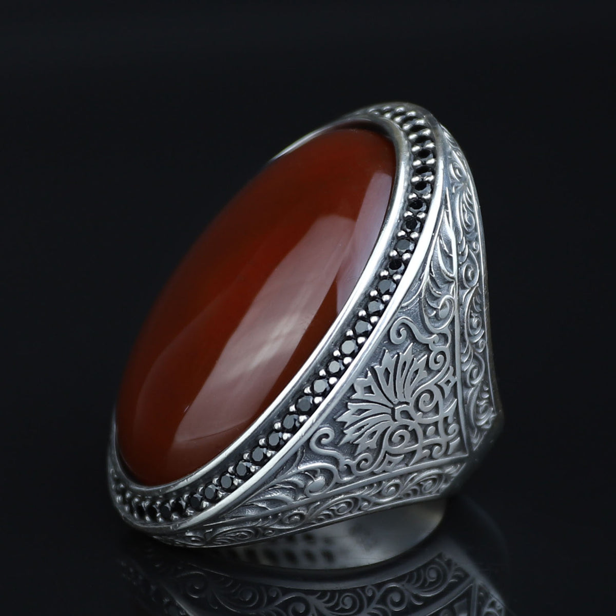 Handmade Men Silver Large Agate Ring, Red Agate Handmade Carnelian Ring, Engraved Silver Ring