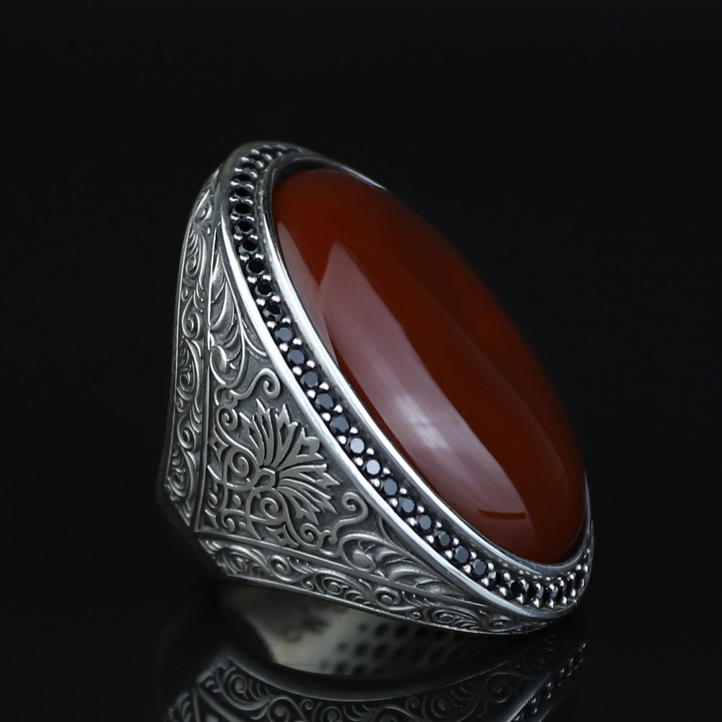 Handmade Men Silver Large Agate Ring, Red Agate Handmade Carnelian Ring, Engraved Silver Ring