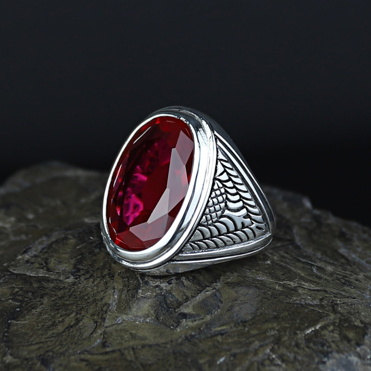 Men Handmade Large Natural Red Ruby Gemstone Silver Ring