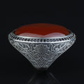 Handmade Men Silver Large Agate Ring, Red Agate Handmade Carnelian Ring, Engraved Silver Ring
