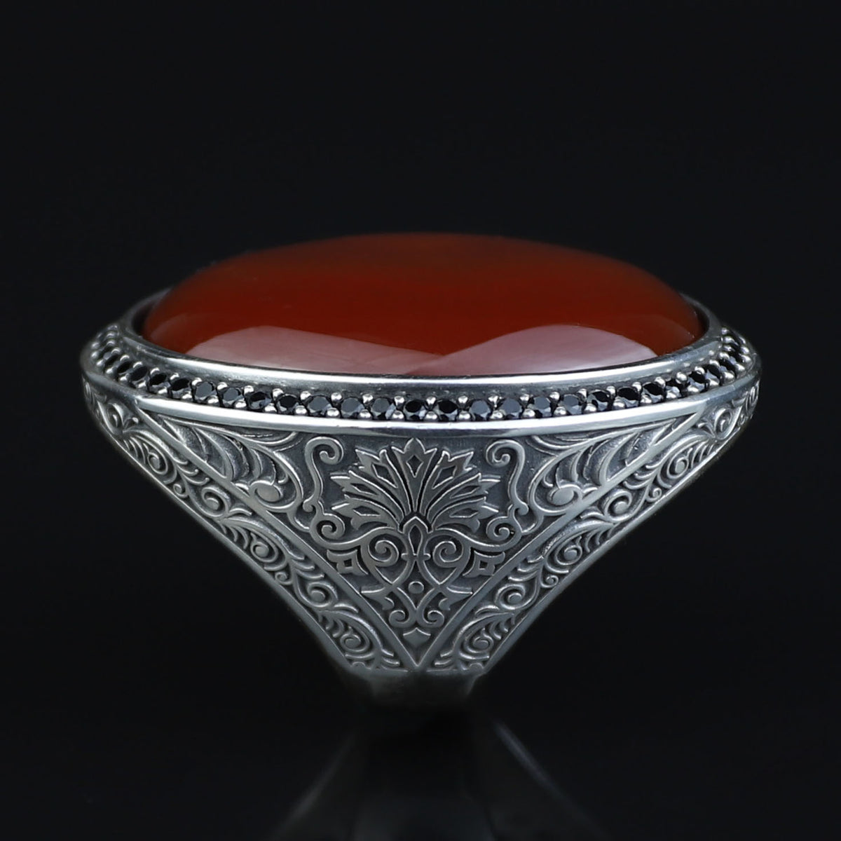 Handmade Men Silver Large Agate Ring, Red Agate Handmade Carnelian Ring, Engraved Silver Ring