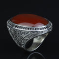 Handmade Men Silver Large Agate Ring, Red Agate Handmade Carnelian Ring, Engraved Silver Ring