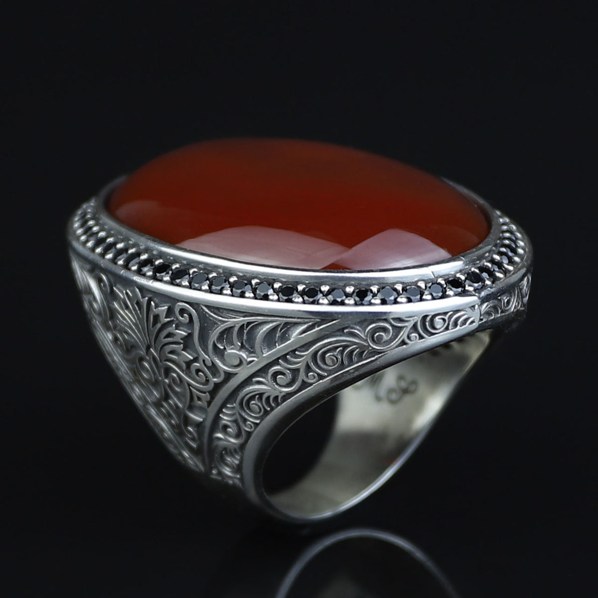 Handmade Men Silver Large Agate Ring, Red Agate Handmade Carnelian Ring, Engraved Silver Ring