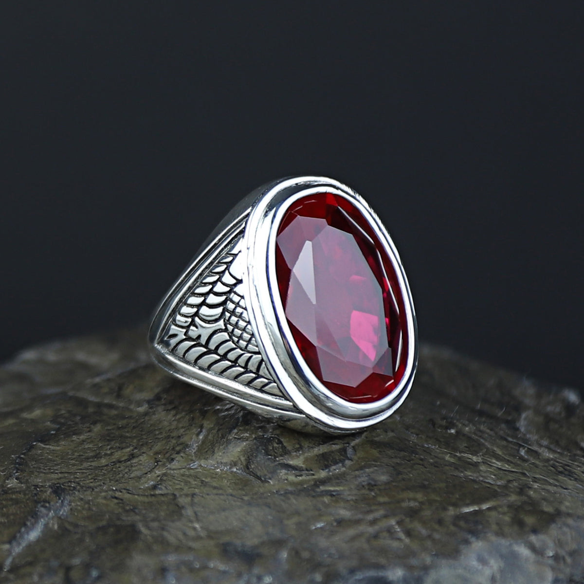 Men Handmade Large Natural Red Ruby Gemstone Silver Ring