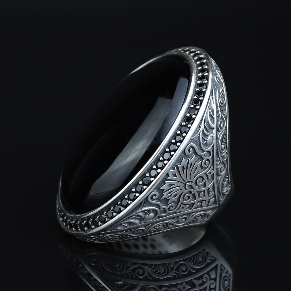 Men 925 Silver Large Onyx Ring, Engraved Black Onyx Ring, Vintage Men Onyx Ring, Ottoman Sterling Silver Ring, Ottoman Jewelry