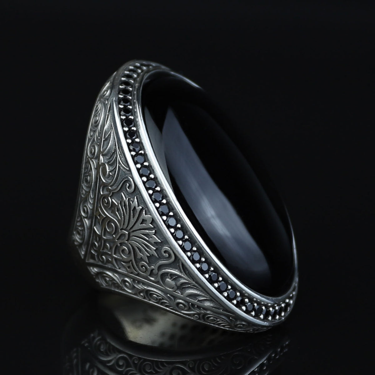 Men 925 Silver Large Onyx Ring, Engraved Black Onyx Ring, Vintage Men Onyx Ring, Ottoman Sterling Silver Ring, Ottoman Jewelry