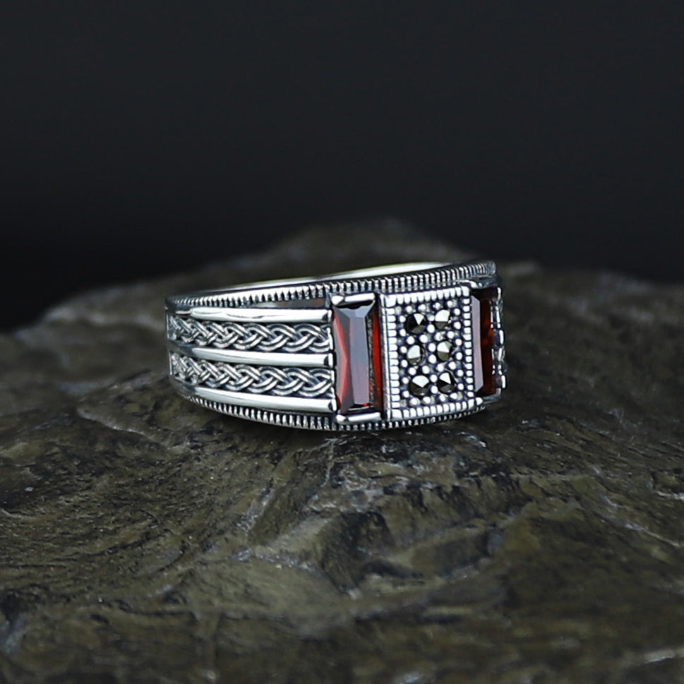 Men Handmade Minimal Red Garnet Gemstone Ring