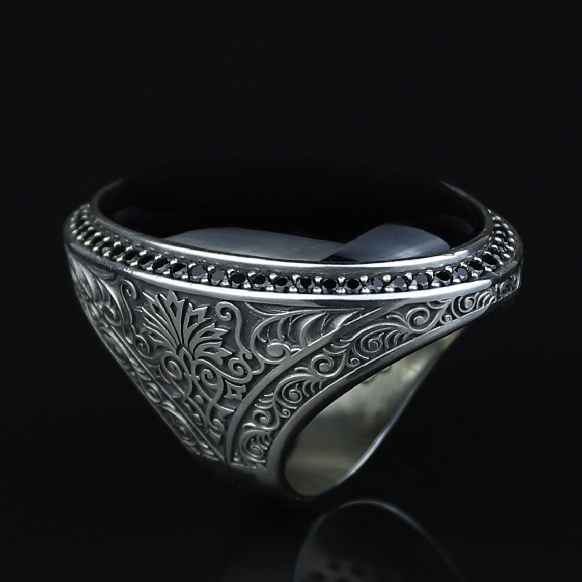 Men 925 Silver Large Onyx Ring, Engraved Black Onyx Ring, Vintage Men Onyx Ring, Ottoman Sterling Silver Ring, Ottoman Jewelry