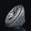 925 Silver Large Sword Leon Head Ring, Onyx Stone Men Ring, Hand Engraved Leon Signet Ring, 925 Sterling Silver