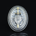 925 Silver Large Sword Leon Head Ring, Onyx Stone Men Ring, Hand Engraved Leon Signet Ring, 925 Sterling Silver