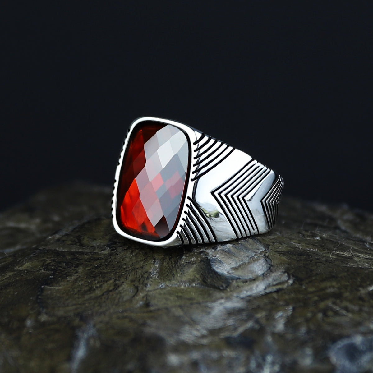 Men Handmade Silver Garnet Gemstone Square Ring