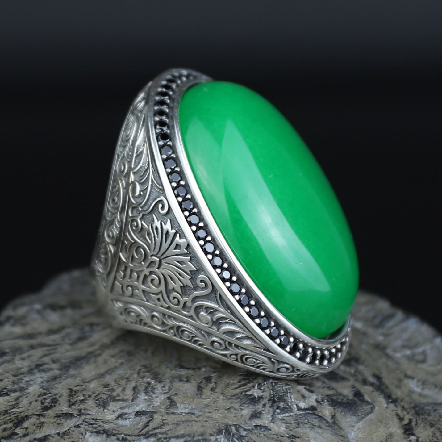 925 Silver Jade Stone Ring, Large Green Jade Stone Ring, Engraved Green Jade Ring, Natural Jade Ottoman Style Ring