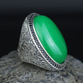 925 Silver Jade Stone Ring, Large Green Jade Stone Ring, Engraved Green Jade Ring, Natural Jade Ottoman Style Ring