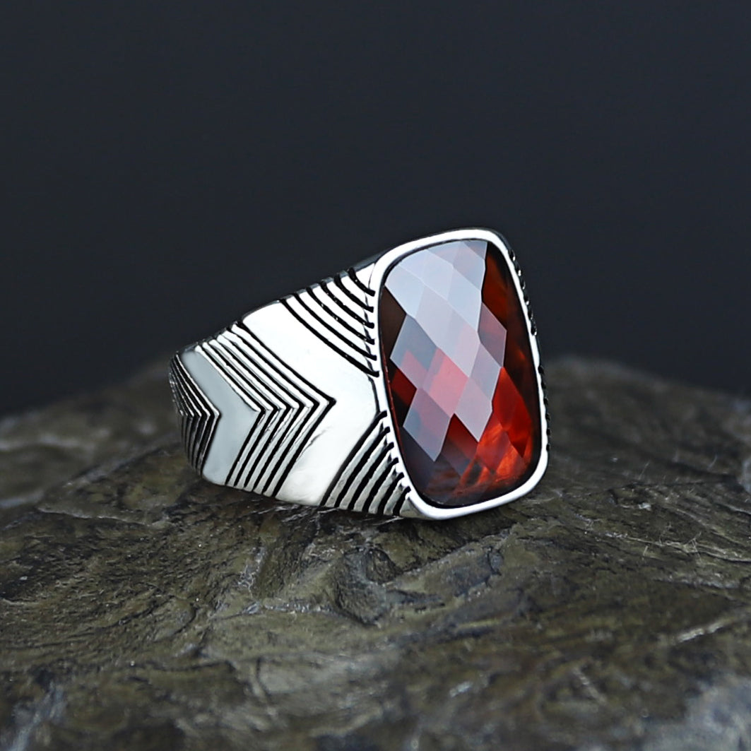 Men Handmade Silver Garnet Gemstone Square Ring