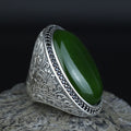Men Silver Jade Stone Ring, Ottoman Style Engraved Large Ring, Big Silver Jade Stone Ring