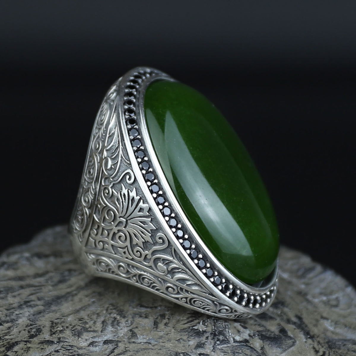 Men Silver Jade Stone Ring, Ottoman Style Engraved Large Ring, Big Silver Jade Stone Ring