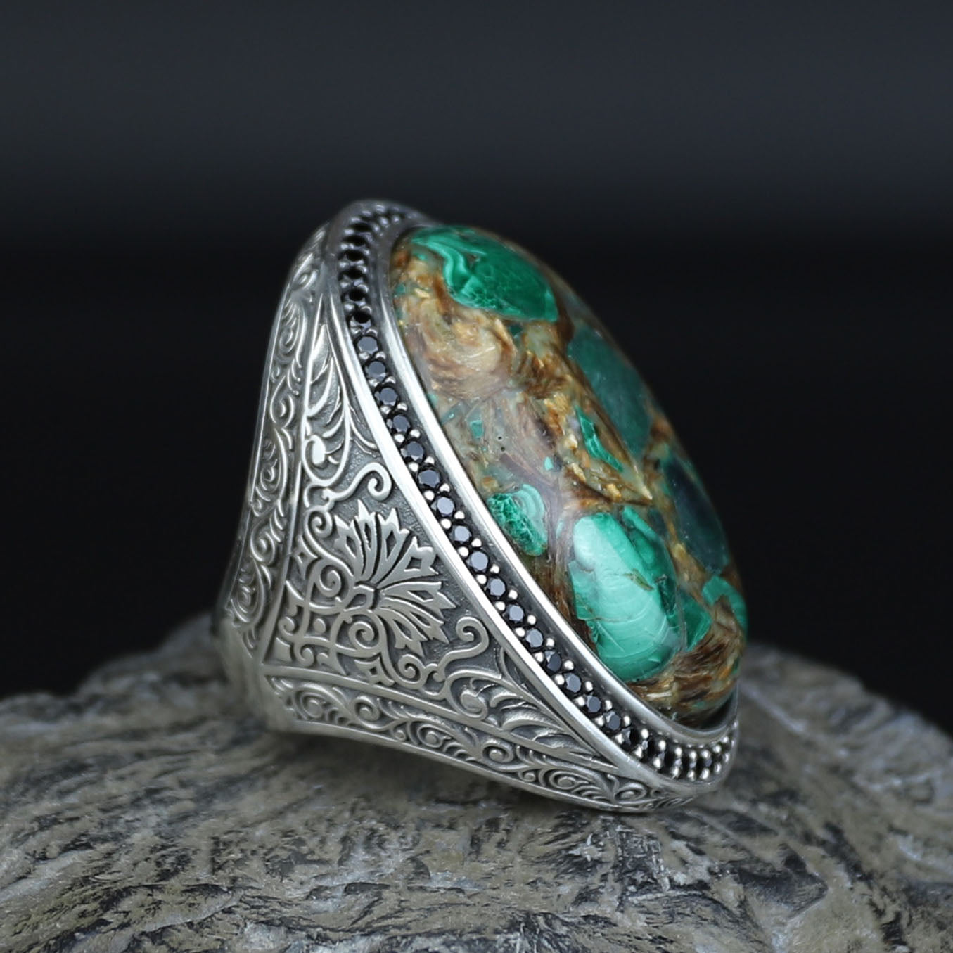 Men Silver Natural Malachite Ring, Engraved Men Large Ring, Big Green Stone Ring, Father Day Gift, 925k Sterling Silver Ring