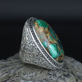 Men Silver Natural Malachite Ring, Engraved Men Large Ring, Big Green Stone Ring, Father Day Gift, 925k Sterling Silver Ring