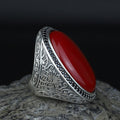 Man Red Jade Stone Ring, Engraved Jade Stone Ring, Men Ottoman Embroidered Ring, Turkish Handmade Sterling Silver Ring