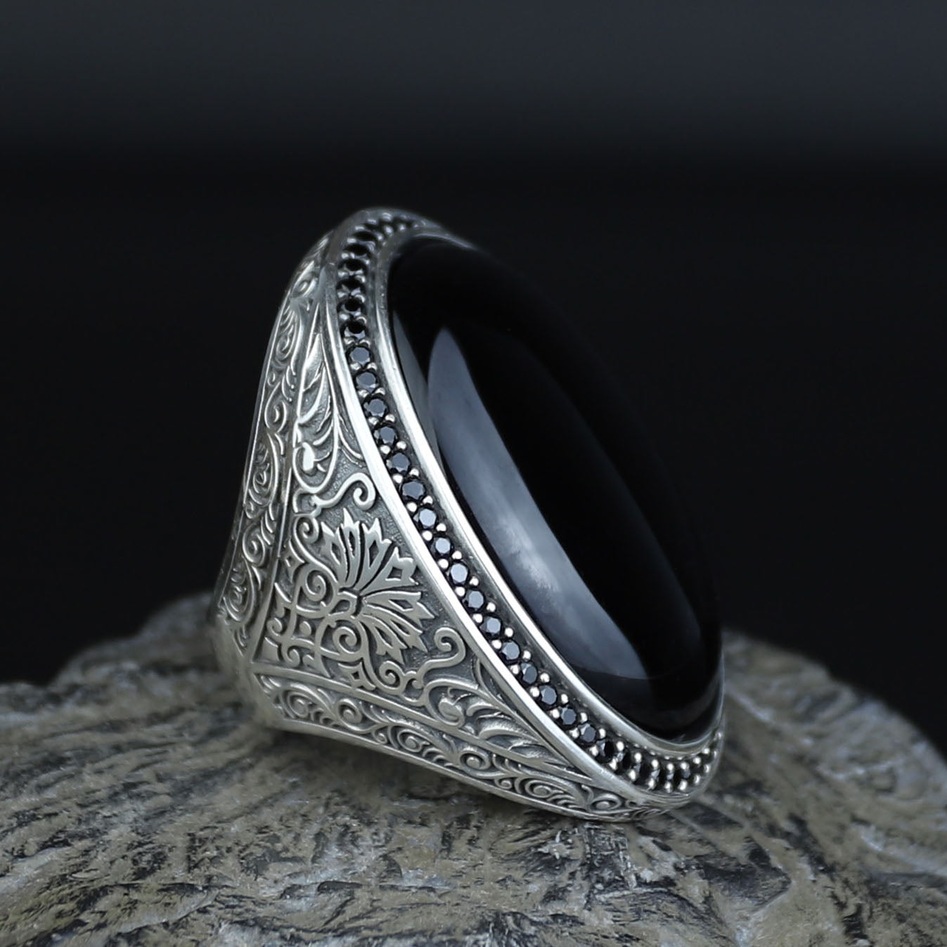 Men 925 Silver Large Onyx Ring, Engraved Black Onyx Ring, Vintage Men Onyx Ring, Ottoman Sterling Silver Ring, Ottoman Jewelry