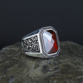 925 Men Silver Engraved Red Garnet Gemstone Ring