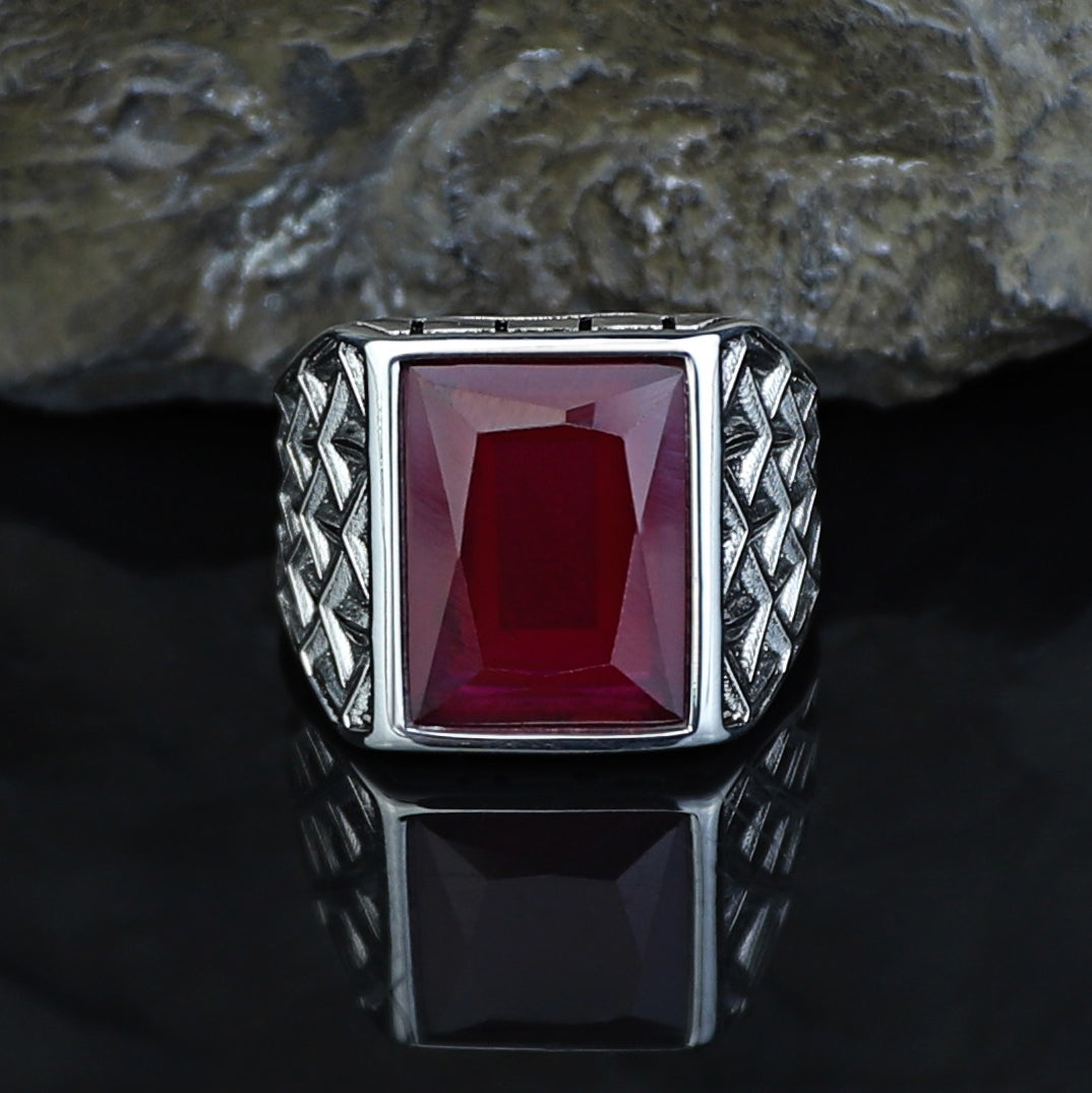 925 Sterling Silver Square Natural Ruby Gemstone Turkish Handmade Ring