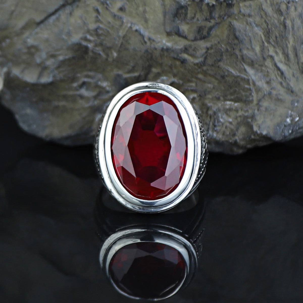 Men Handmade Large Natural Red Ruby Gemstone Silver Ring