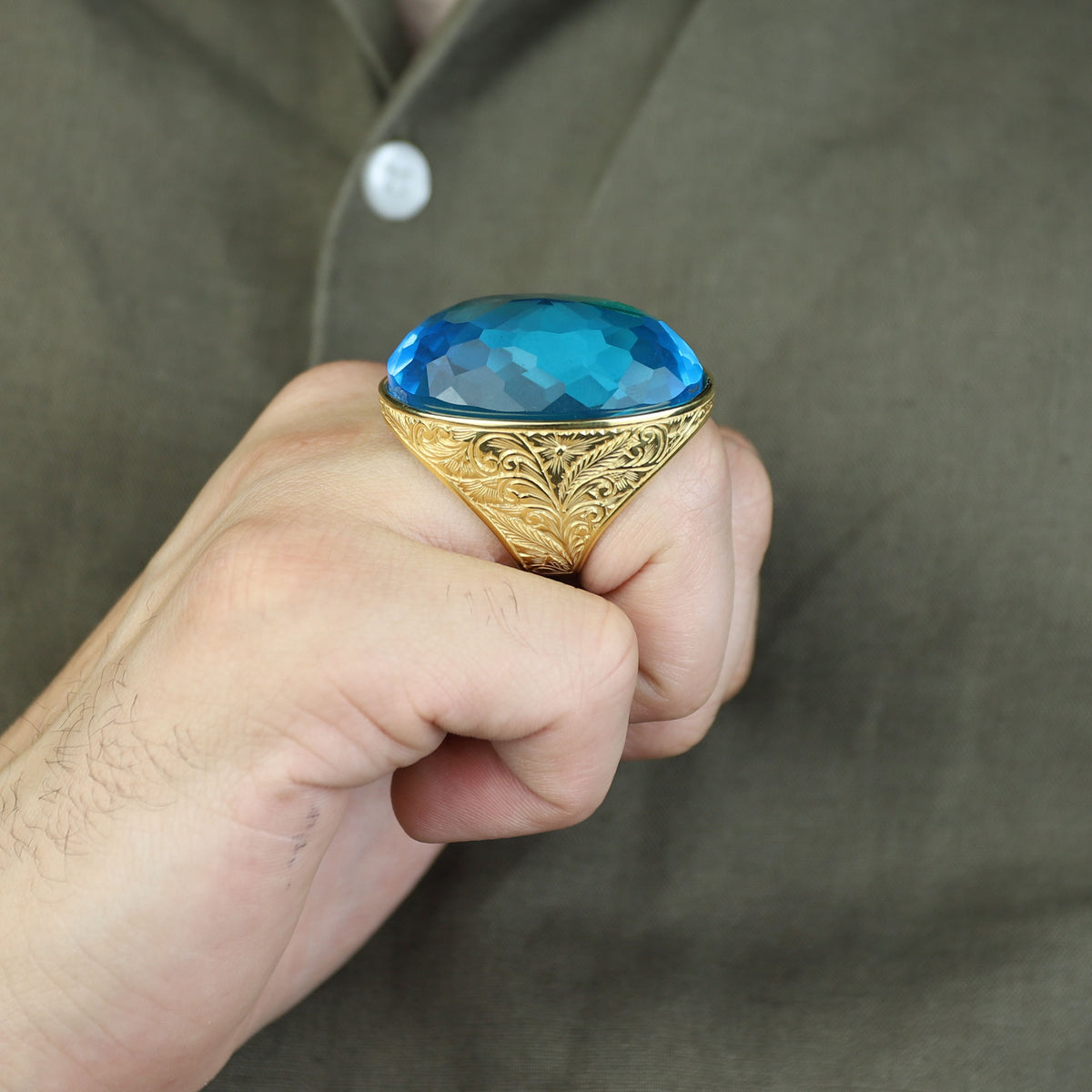 18K Gold Large Aquamarine Men Ring, Handmade Engraved Vintage Ring, Turkish Handmade Blue Gemstone Ring