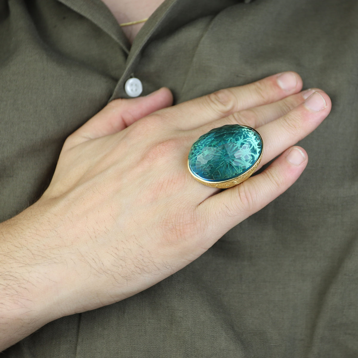 18K Gold Large Aquamarine Men Ring, Handmade Engraved Vintage Ring, Turkish Handmade Blue Gemstone Ring