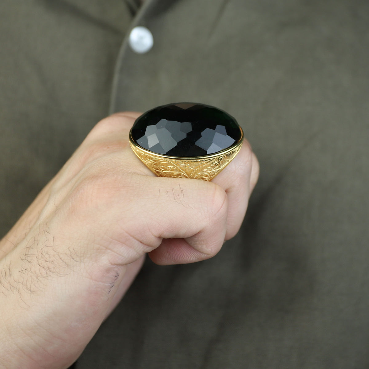 Gold Engraved Large Emerald Ring , Men Hand- Engraved Ring, Vintage Ottoman Ring, Men Green Stone Ring, 925k Sterling Silver Ring