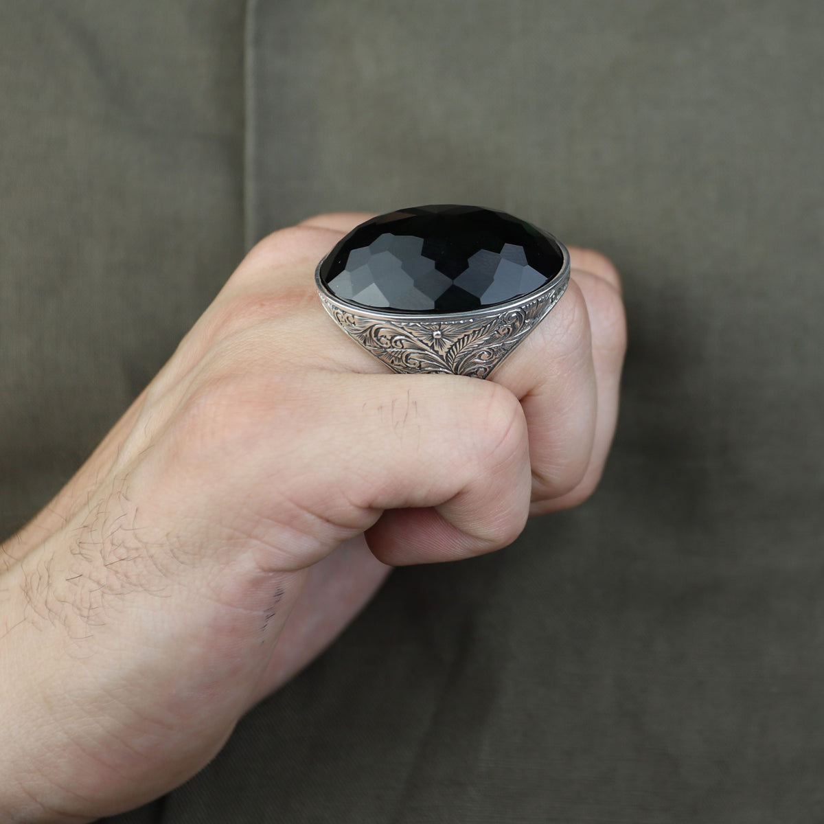 Mens Silver Large Green Stone Ring, Big Large Emerald Stone Ring, Ottoman Style Men Ring, Gift for Him, 925k Sterling Silver