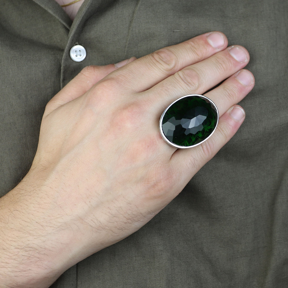 Mens Silver Large Green Stone Ring, Big Large Emerald Stone Ring, Ottoman Style Men Ring, Gift for Him, 925k Sterling Silver