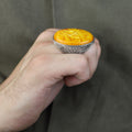 Silver Baltic Amber Ring , Handmade Unisex Large Amber Stone Ring , Turkish Silver Ring , Ottoman Style Embroidered Men's Ring