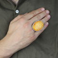 Silver Baltic Amber Ring , Handmade Unisex Large Amber Stone Ring , Turkish Silver Ring , Ottoman Style Embroidered Men's Ring